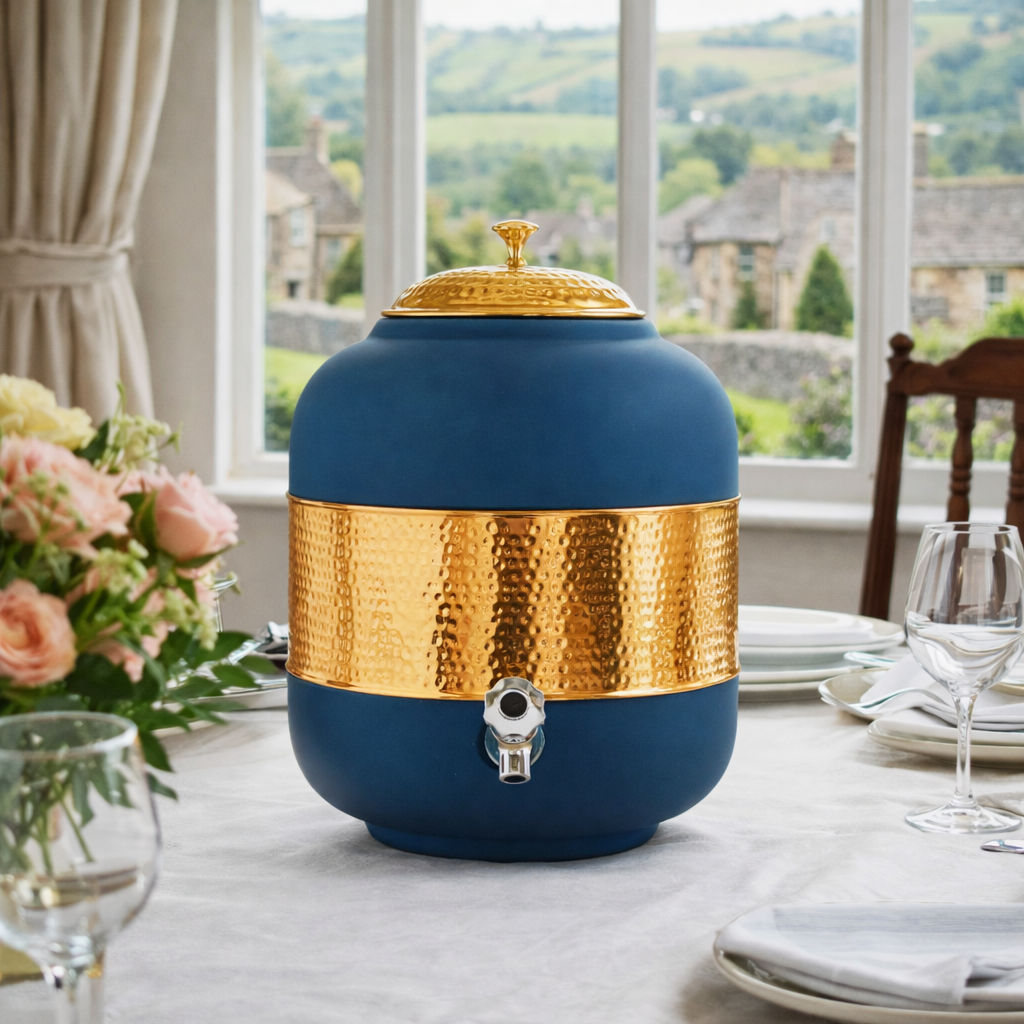 Pure copper water pot, half hammered with silk finish, blue, 5000 ML